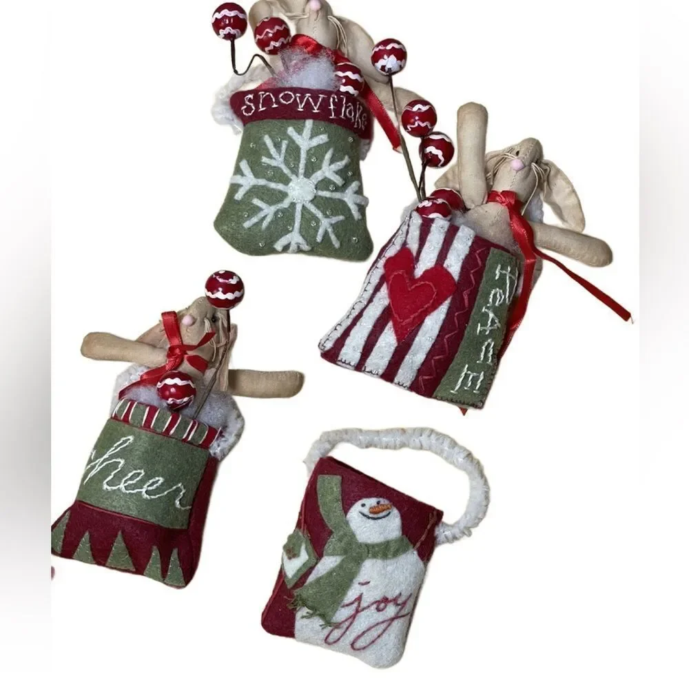 Festive Holiday Ornament Set - Red, Green, White Felt Bags w/Bunnies & Cotton